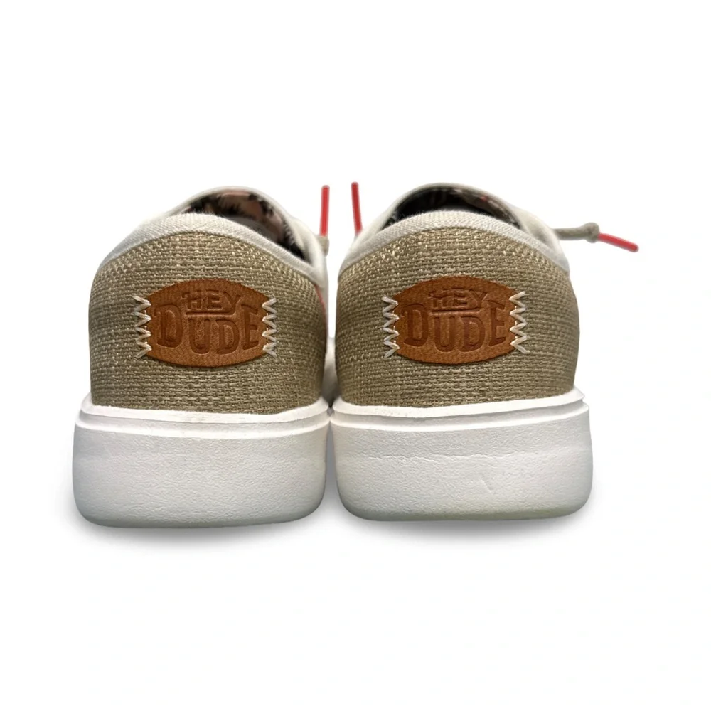 Hey Dude Low-Top Sneakers in Off-White with Tan & Red Accents